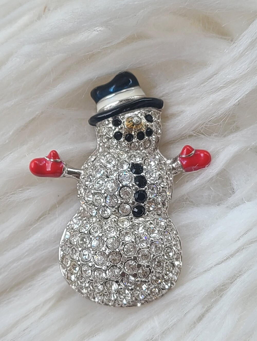 Swarovski 2003 Snowman Brooch With Black Hat Red Mittens- Excellent Condition